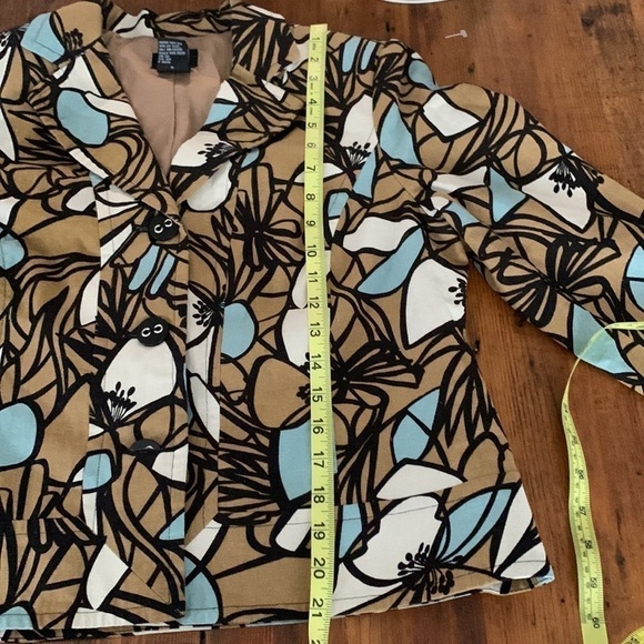 R.Q.T Linen Boxy Teal Cream Brown Graphic Cropped Lightweight Blazer Sz 12P - Picture 10 of 10